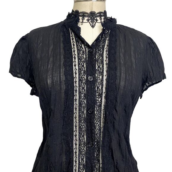 Gothic Vampire Victorian Button Down Lace Semi Sheer Blouse - Picture 4 of 12